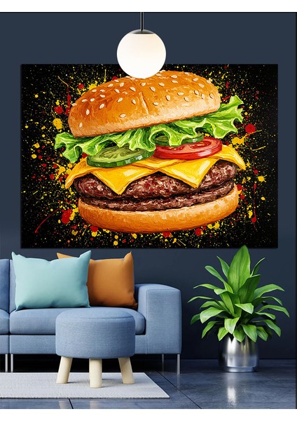 Büyük Peynirli Bol Malzemeli Burger Dekoratif Kanvas - Mdf Ahşap Tablo fiyatları