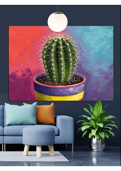 Pembe Saksı Kaktüs Bitkisi Dekoratif Kanvas - Mdf Ahşap Tablo