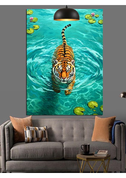 Denizde Yüzen Kaplan Dekoratif Kanvas - Mdf Ahşap Tablo