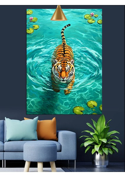 Denizde Yüzen Kaplan Dekoratif Kanvas - Mdf Ahşap Tablo fiyatları