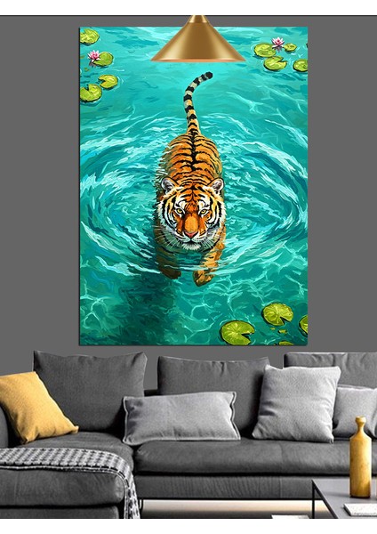 Denizde Yüzen Kaplan Dekoratif Kanvas - Mdf Ahşap Tablo fırsatları