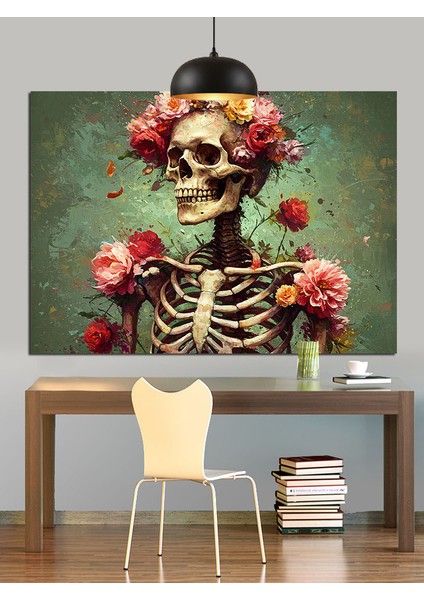 Çiçekli Kafatası Taçlı Kadın Iskelet Dekoratif Kanvas - Mdf Ahşap Tablo