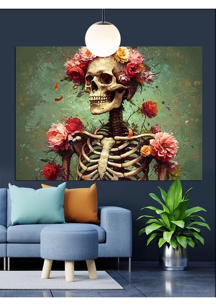 Çiçekli Kafatası Taçlı Kadın Iskelet Dekoratif Kanvas - Mdf Ahşap Tablo fiyatları