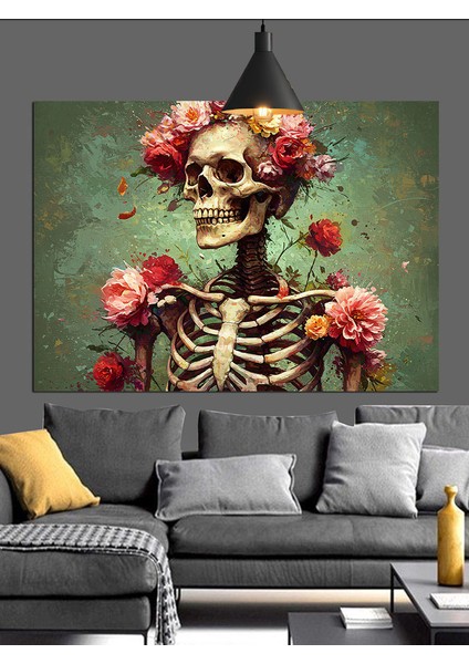 Çiçekli Kafatası Taçlı Kadın Iskelet Dekoratif Kanvas - Mdf Ahşap Tablo fırsatları
