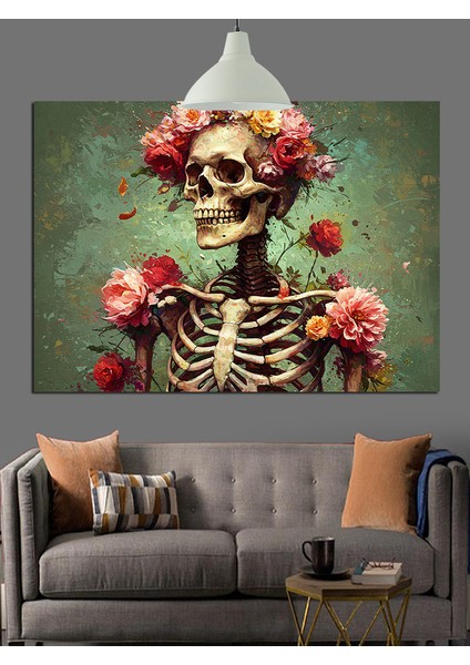 Çiçekli Kafatası Taçlı Kadın Iskelet Dekoratif Kanvas - Mdf Ahşap Tablo indirimleri