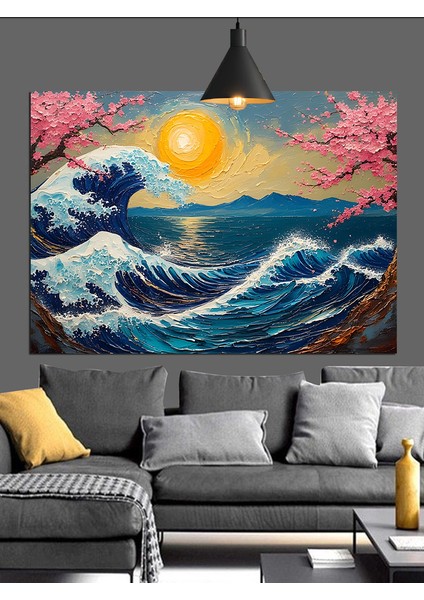 Japon Tarzı Dalga Güneş Manzarası Dekoratif Kanvas - Mdf Ahşap Tablo