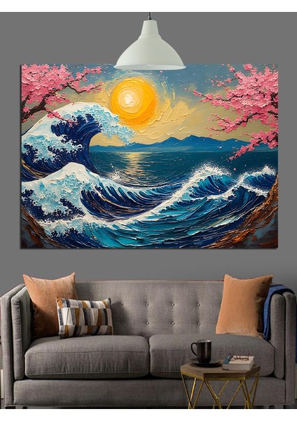 Japon Tarzı Dalga Güneş Manzarası Dekoratif Kanvas - Mdf Ahşap Tablo fiyatları
