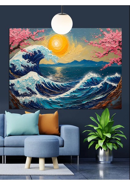 Japon Tarzı Dalga Güneş Manzarası Dekoratif Kanvas - Mdf Ahşap Tablo fırsatları