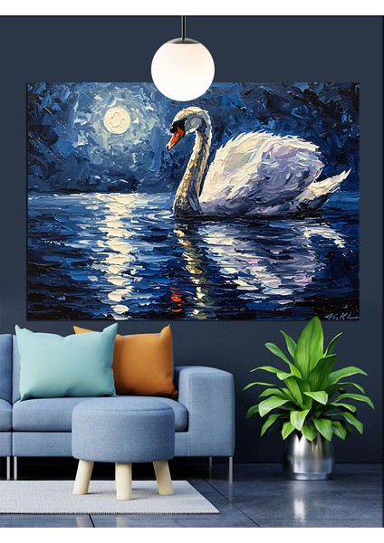 Ay Işığında Beyaz Kuğu Dekoratif Kanvas - Mdf Ahşap Tablo