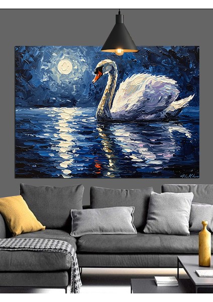 Ay Işığında Beyaz Kuğu Dekoratif Kanvas - Mdf Ahşap Tablo modelleri