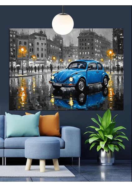 Mavi Klasik Araba Yağmur Dekoratif Kanvas - Mdf Ahşap Tablo