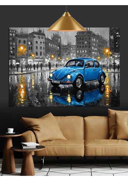 Mavi Klasik Araba Yağmur Dekoratif Kanvas - Mdf Ahşap Tablo fiyatları