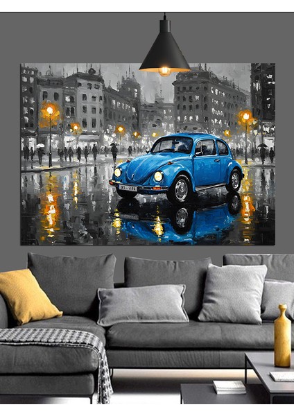 Mavi Klasik Araba Yağmur Dekoratif Kanvas - Mdf Ahşap Tablo modelleri