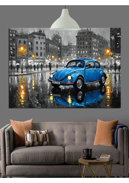 Mavi Klasik Araba Yağmur Dekoratif Kanvas - Mdf Ahşap Tablo fırsatları