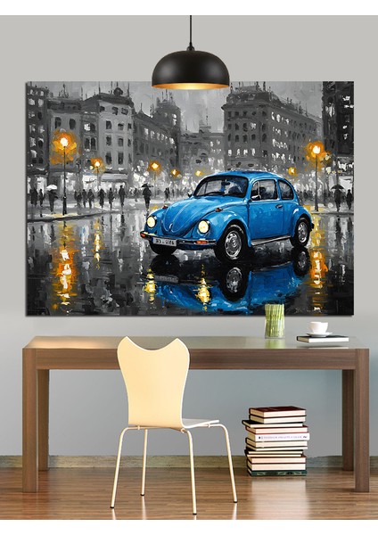 Mavi Klasik Araba Yağmur Dekoratif Kanvas - Mdf Ahşap Tablo indirimleri