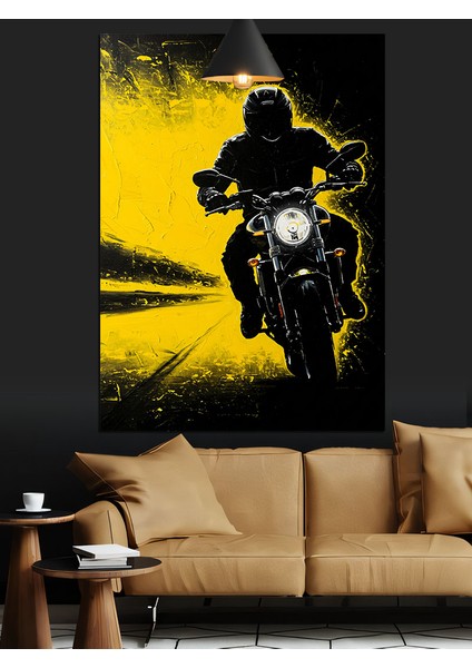 Hızla Giden Parlak Sarı Motosiklet Dekoratif Kanvas - Mdf Ahşap Tablo