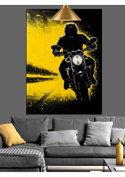 Hızla Giden Parlak Sarı Motosiklet Dekoratif Kanvas - Mdf Ahşap Tablo fiyatları