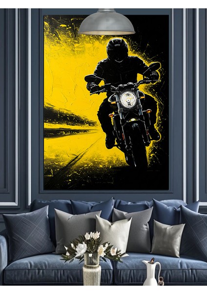 Hızla Giden Parlak Sarı Motosiklet Dekoratif Kanvas - Mdf Ahşap Tablo modelleri