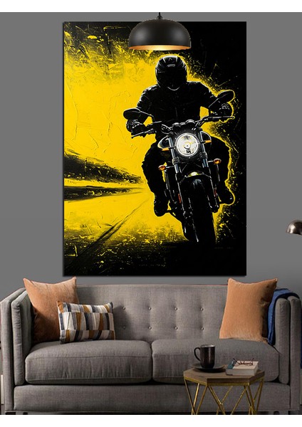 Hızla Giden Parlak Sarı Motosiklet Dekoratif Kanvas - Mdf Ahşap Tablo fırsatları