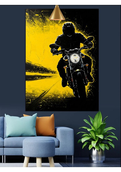 Hızla Giden Parlak Sarı Motosiklet Dekoratif Kanvas - Mdf Ahşap Tablo indirimleri