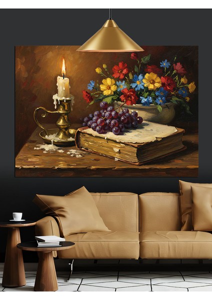 Kitaplar ve Yanan Mum Dekoratif Kanvas - Mdf Ahşap Tablo