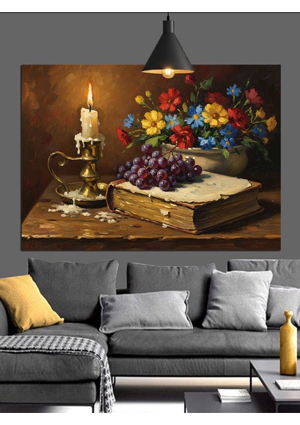 Kitaplar ve Yanan Mum Dekoratif Kanvas - Mdf Ahşap Tablo fiyatları