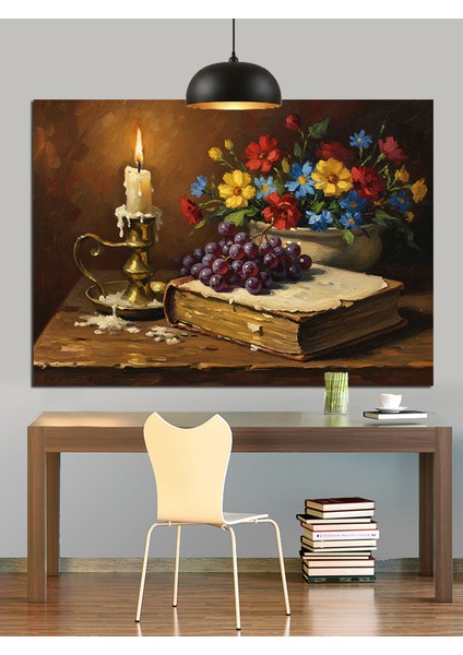 Kitaplar ve Yanan Mum Dekoratif Kanvas - Mdf Ahşap Tablo fırsatları