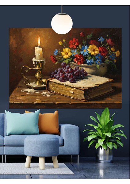 Kitaplar ve Yanan Mum Dekoratif Kanvas - Mdf Ahşap Tablo indirimleri