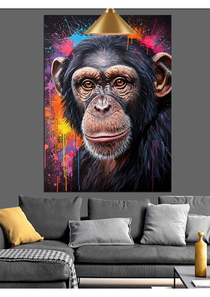 Komik Yüz Ifadeli Şempanze Portresi Dekoratif Kanvas - Mdf Ahşap Tablo