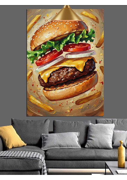 Büyük Hamburger ve Yanındaki Kızartmalar Dekoratif Kanvas - Mdf Ahşap Tablo