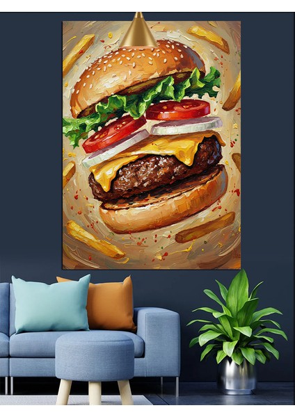 Büyük Hamburger ve Yanındaki Kızartmalar Dekoratif Kanvas - Mdf Ahşap Tablo fırsatları