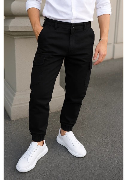 Erkek Günlük Trend Lastikli Siyah Taktik Kargo Pantolon