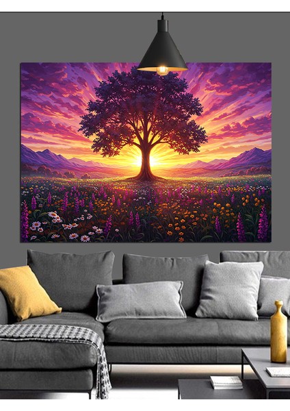 Ağaç Işık Gün Batımı Manzara Dekoratif Kanvas - Mdf Ahşap Tablo