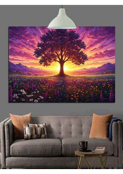 Ağaç Işık Gün Batımı Manzara Dekoratif Kanvas - Mdf Ahşap Tablo fiyatları