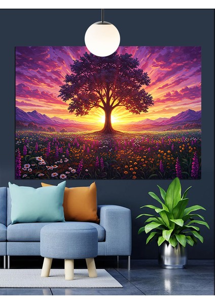 Ağaç Işık Gün Batımı Manzara Dekoratif Kanvas - Mdf Ahşap Tablo fırsatları
