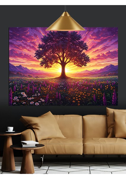 Ağaç Işık Gün Batımı Manzara Dekoratif Kanvas - Mdf Ahşap Tablo indirimleri