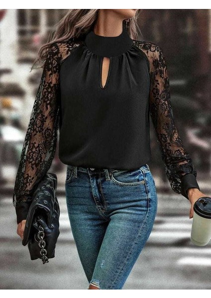 Kadın Siyah Uzun Kol Göğüs Pencere Detaylı Balıkçı Yaka Boğazlı Kolları Tüllü Dantelli Sandy Bluz fiyatları