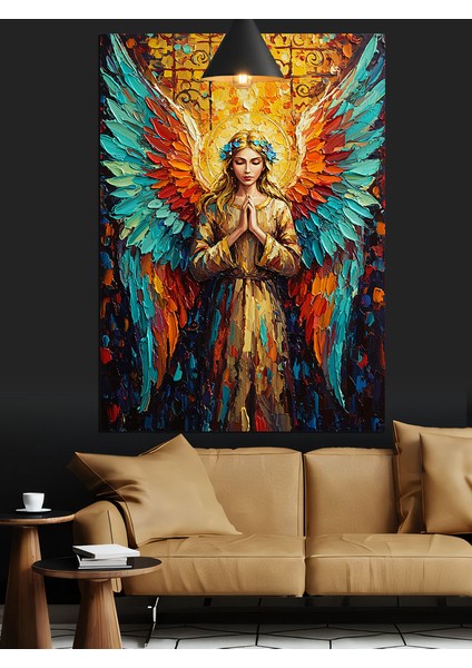 Turuncu Kanatlı Kutsal Bir Melek Dekoratif Kanvas - Mdf Ahşap Tablo fırsatları