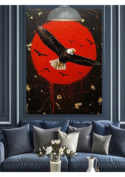 Kırmızı Güneş Üzerinde Kartal Dekoratif Kanvas - Mdf Ahşap Tablo