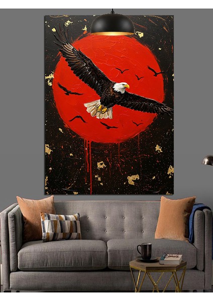 Kırmızı Güneş Üzerinde Kartal Dekoratif Kanvas - Mdf Ahşap Tablo fiyatları