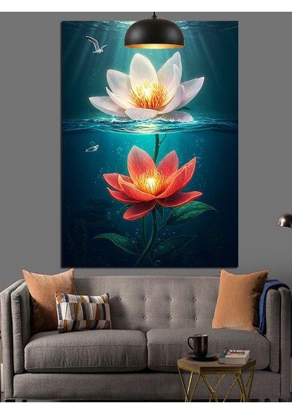 Koyu Renkli Zeminde Parlayan Lotus Dekoratif Kanvas - Mdf Ahşap Tablo