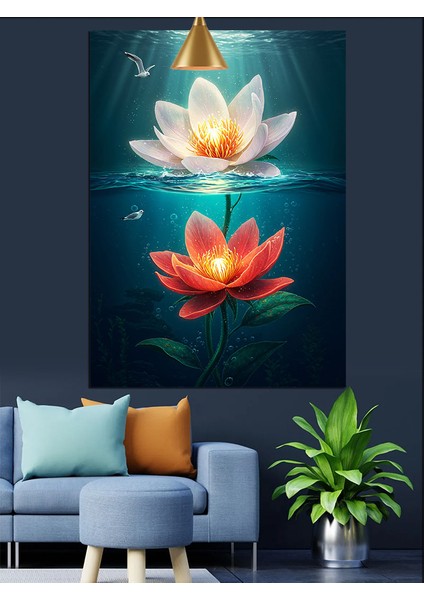 Koyu Renkli Zeminde Parlayan Lotus Dekoratif Kanvas - Mdf Ahşap Tablo fiyatları
