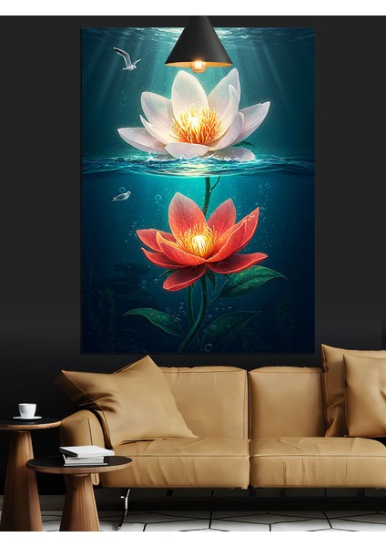 Koyu Renkli Zeminde Parlayan Lotus Dekoratif Kanvas - Mdf Ahşap Tablo modelleri