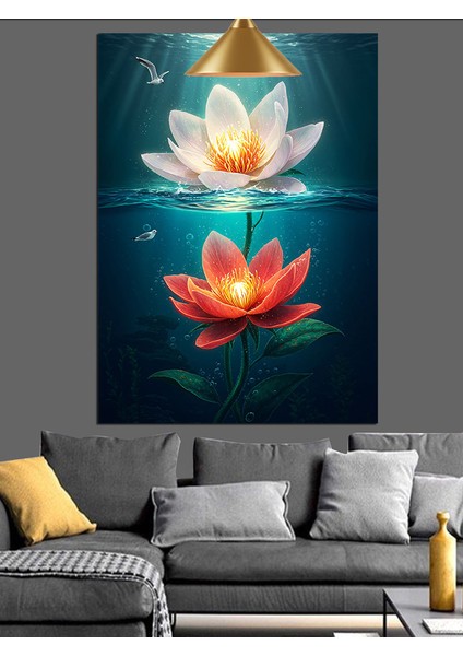 Koyu Renkli Zeminde Parlayan Lotus Dekoratif Kanvas - Mdf Ahşap Tablo fırsatları