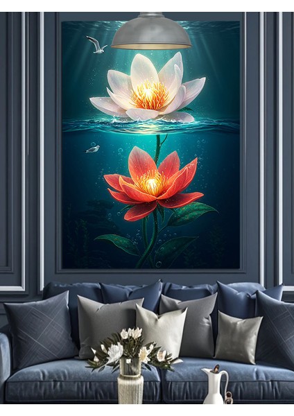 Koyu Renkli Zeminde Parlayan Lotus Dekoratif Kanvas - Mdf Ahşap Tablo indirimleri
