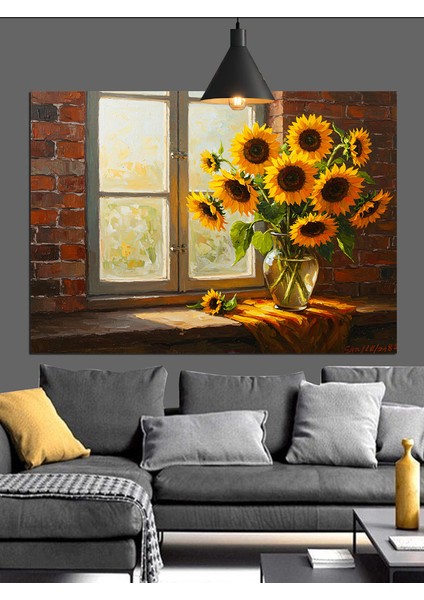 Pencereli Ayçiçeği Manzarası Dekoratif Kanvas - Mdf Ahşap Tablo fiyatları