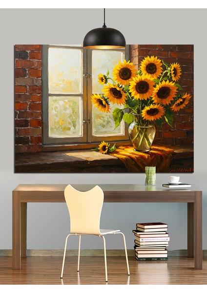 Pencereli Ayçiçeği Manzarası Dekoratif Kanvas - Mdf Ahşap Tablo fırsatları