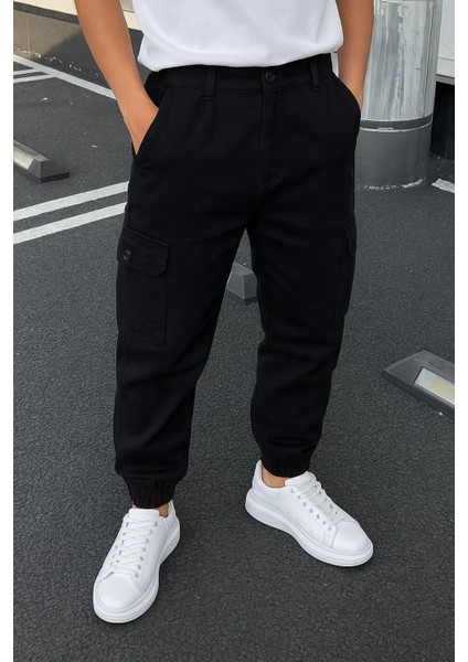 Erkek Lastikli Yüksek Bel Siyah Taktik Kargo Pantolon