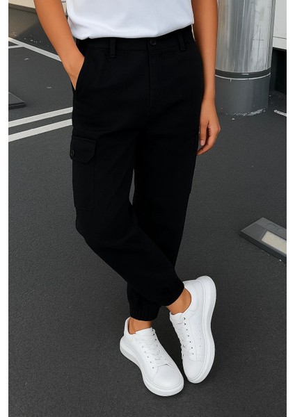 Erkek Lastikli Yüksek Bel Siyah Taktik Kargo Pantolon modelleri