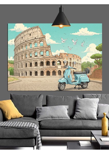 Kolezyum Önünde Sevimli Scooter Dekoratif Kanvas - Mdf Ahşap Tablo